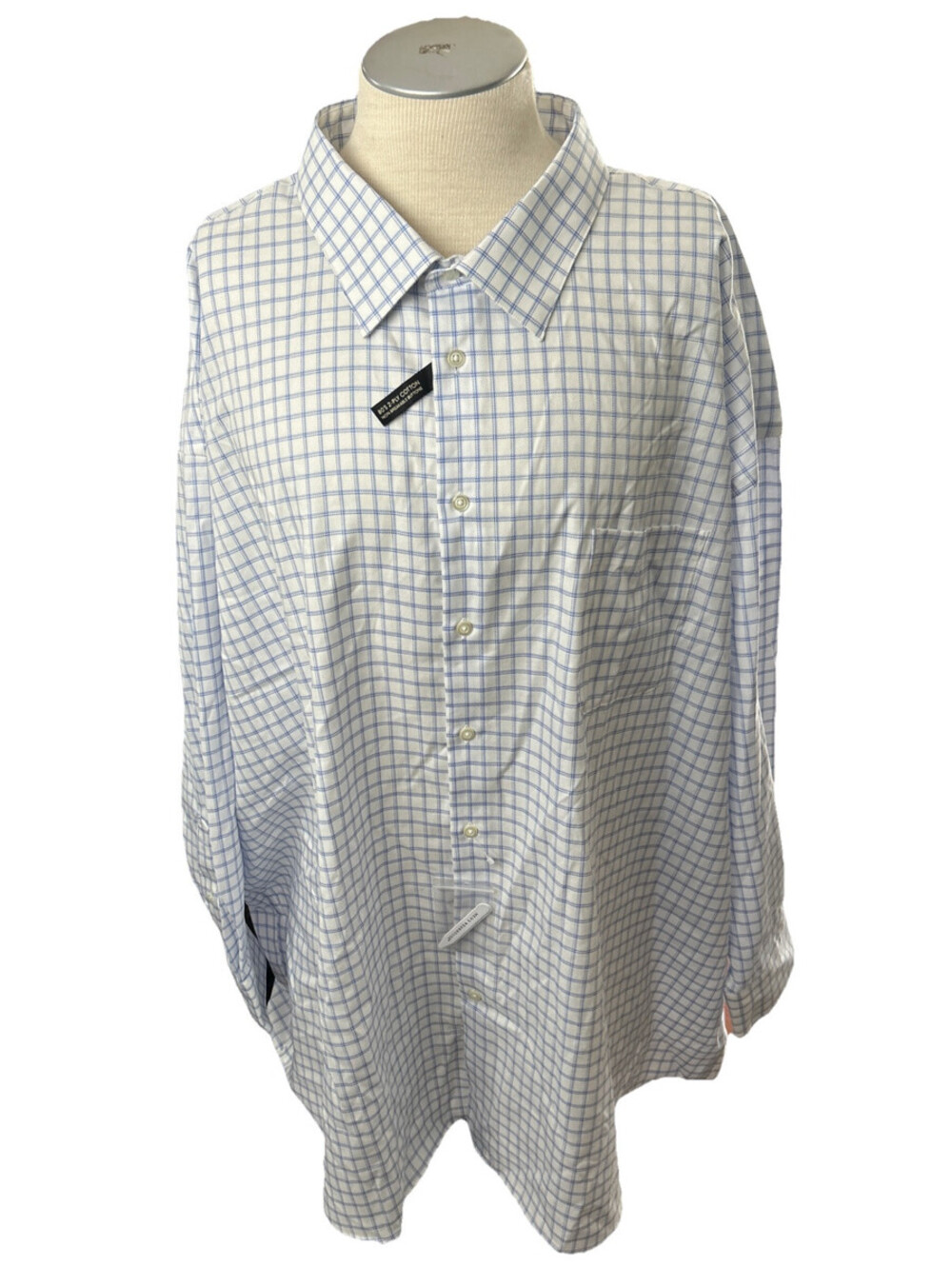 Pronto Uomo Men Button Down Shirt 22 36/37 5XL Tall Plaid White Blue Long Sleeve